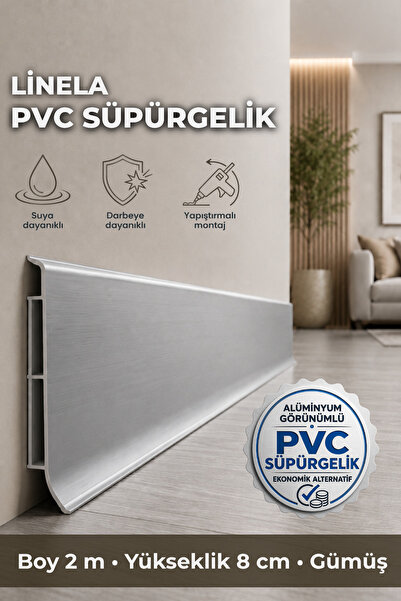 AGK Linela PVC Süpürgelik 8 cm Gümüş Alüminyum Profil Görünümlü 2 m Yapıştırm...