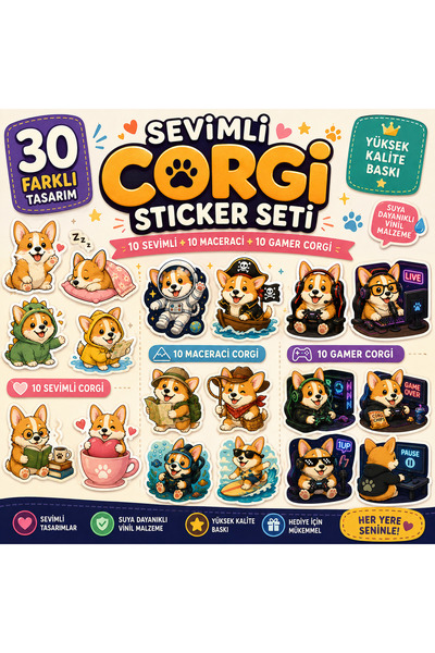 TRİMENT3D Cute Corgi Sticker Set – Pack of 30 Different Design Decorative Sti...