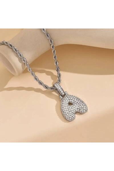 Haziran Accessory, Silver Steel Necklace with Zircon Stones, Twisted Chain Ba...