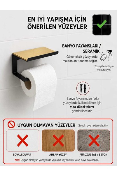 edil tasarim Toilet Paper Holder with Shelf |   Metal Body |   Phone and Accessory Rack with Shelf |   Adhesive & Screw Mounting