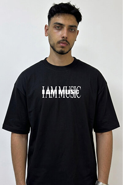 Anetos I Am Music Design Printed Oversize Black T-Shirt