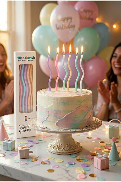 baloss fer 6'lı Karışık Renk Macaron Dalgalı Pasta Mumu 15 cm Doğum Günü Part...