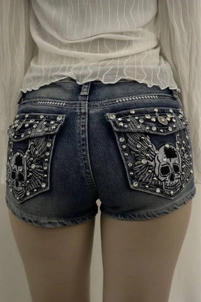 Karakedi Pantaloni scurți din denim mini Blue Washed Stone Skull Wings Grunge...