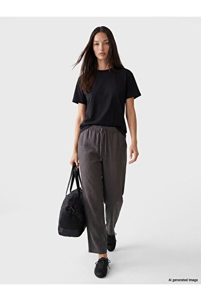 LC Waikiki Lcwaikiki Classic Gray Women's 100% Linen Trousers with Elastic Waist