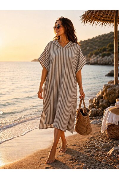 NUNA'S Atelier Trüf | Çizgili Panço | Kapüşonlu Plaj ve Havuz Pançosu