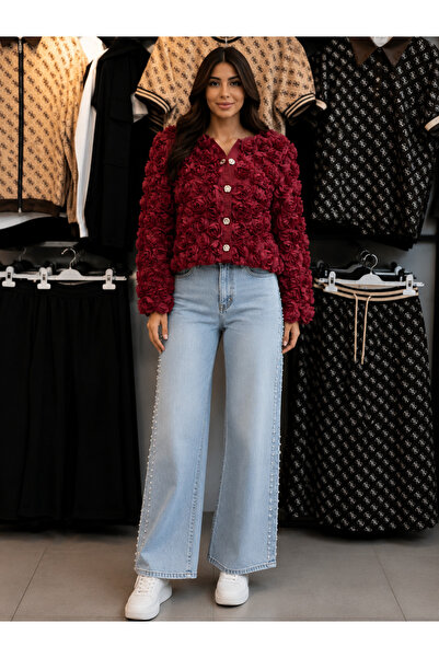 Butik Kadın Bordo Gül Detaylı Düğmeli Ceket