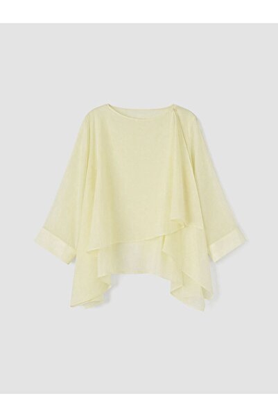 LC Waikiki Lcw Modest Yellow Boat Neck Ruffled Asymmetrical Cut Blouse