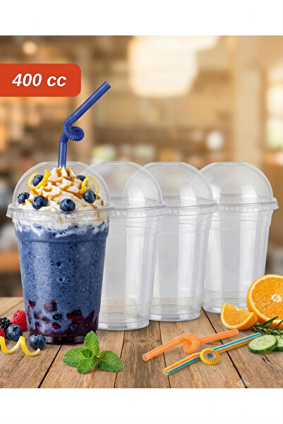 MTA 400 cc Plastik Pet Limonata Milkshake Bardağı kapaklı 50 Bardak 50 adet p...