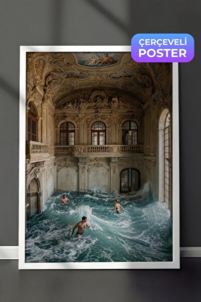Postifull Wave and People Poster, White Framed Poster, Old Money Series, No:1...