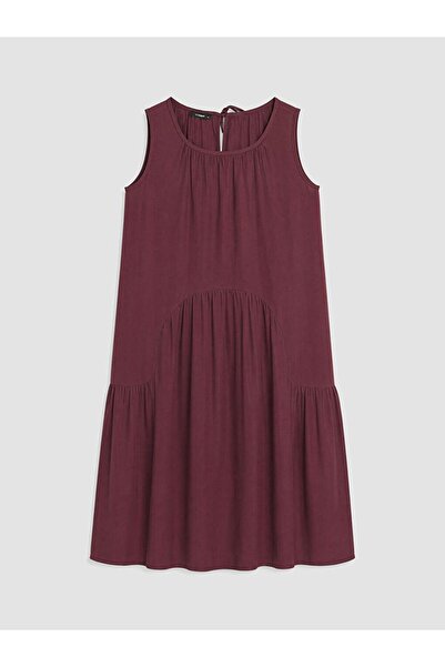 LC Waikiki Lcwaikiki Curve Pink Plus Size Crew Neck Pleated Dress