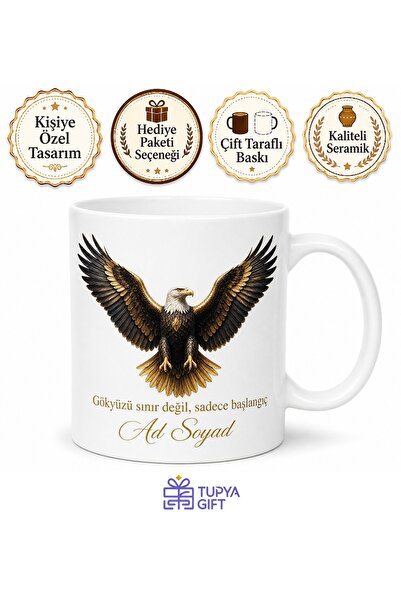Tupya Gift İsimli Kartal Desenli Baskılı Kupa Bardak Hediye Özel Tasarım Pors...