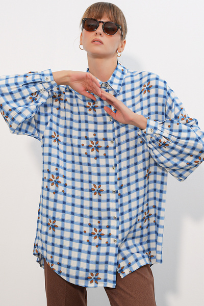 Bigdart Women's Long Checkered Shirt Tunic 5988 - Blue