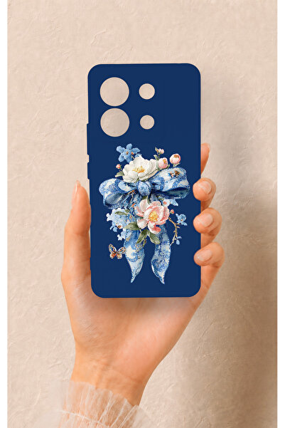 Vip Case Redmi Note 13 Pro 5G Uyumlu Mavi Kurdeleli Çiçek Desenli Silikon Kılıf