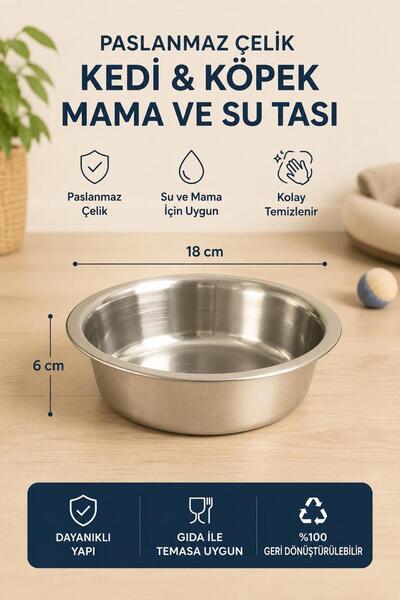 Glipet Premium Paslanmaz Çelik Mama ve Su Tası 18 Öz Kedi Köpek Kabı