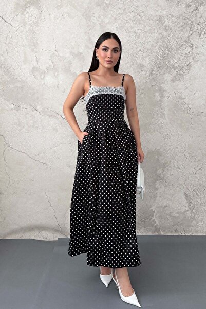 Elbee Fashion Woman فستان دانتيل أسود منقط
