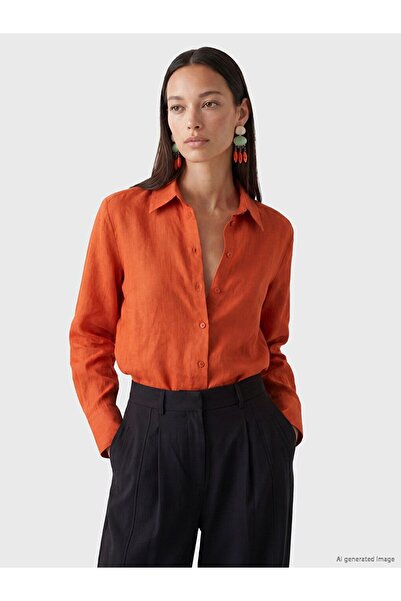 LC Waikiki Lcw Everyday Orange Women's 100% Linen Shirt