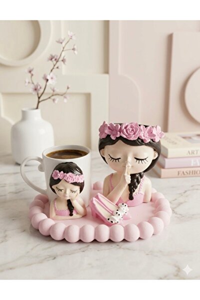 Dekor köşesi Handmade 3D Figured Girl Design Coffee Cup and Flower Pot Presen...