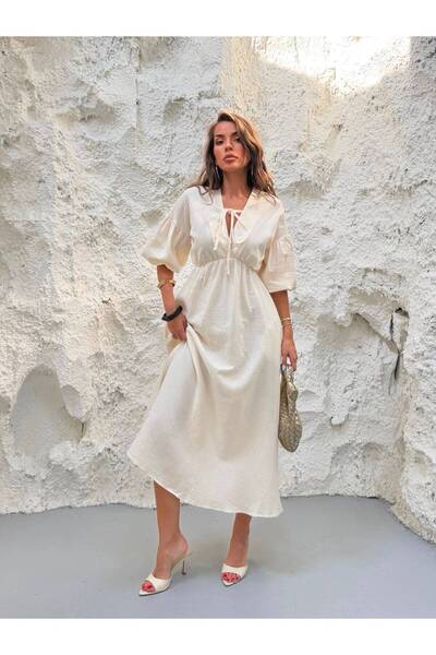MADAME MELEK Premium Special Edition Muslin Fabric Balloon Sleeve Midi Dress