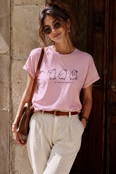 bb butik basic Penguin Embroidered Basic Women's T-Shirt – 100% Cotton Crew N...
