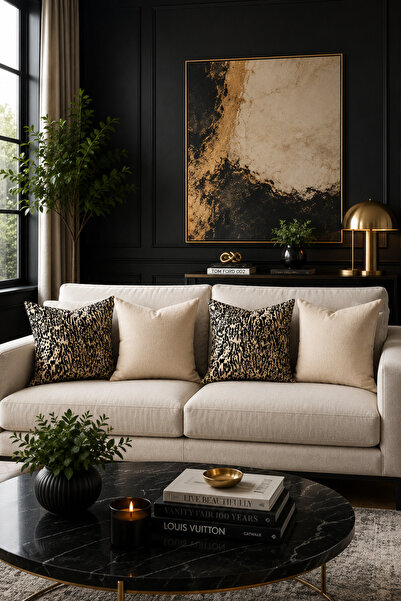 Bebişim Halı Black Beige Leopard Patterned Set of 4 Decorative Throw Pillow C...