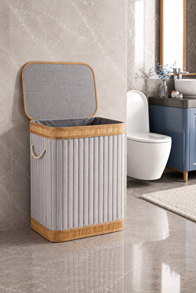 NEWNOW VELORA Collection Bambu Kapaklı Kadife Çamaşır Sepeti 42x35x60 cm Katl...