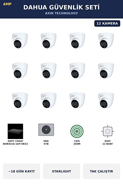 DAHUA 12 Kameralı 4MP Güvenlik Kamera Seti 4MP IP PoE Starlight Dome İç Mekan...