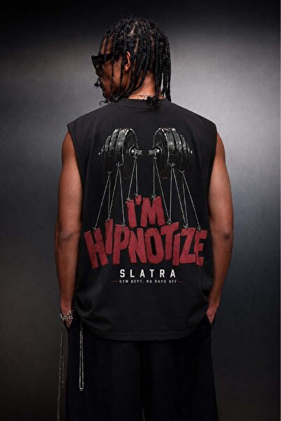 Slatra Men's Black Hypnotized Zero Sleeve Oversize Tank Top