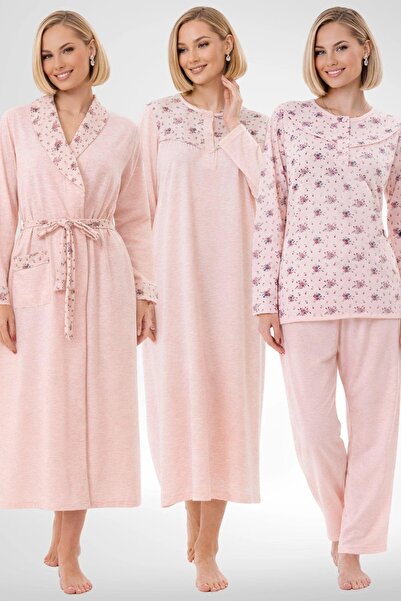 By Mecit Pijama Women's Floral Patterned 4-Piece Large Size Long Sleeve Set D...