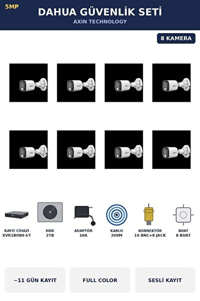 DAHUA 8 Kameralı 5MP Güvenlik Kamera Seti 5MP Full Color Sesli Bullet Dış Mek...