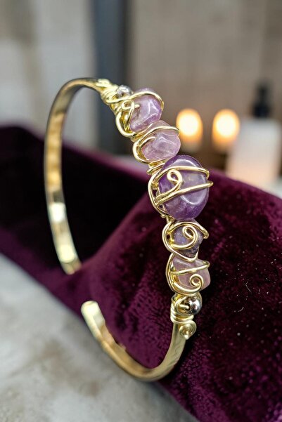 NBS Beautiful Naturel Stones Ametist Natural Stone Brass Bracelet