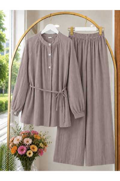 MODA VEDAT Kadın Bel İpli 3 Düğmeli Çilek Kumaş Pantolon Takım -0625