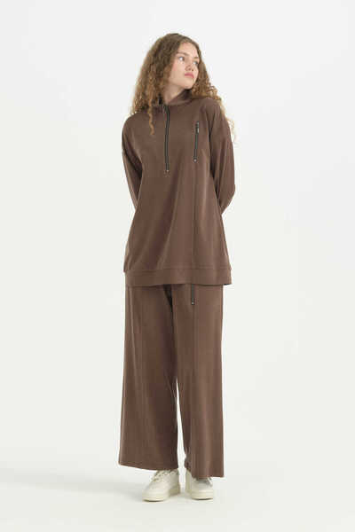 Nihan Zipper Detailed Oversize Trousers Tunic Set - Brown