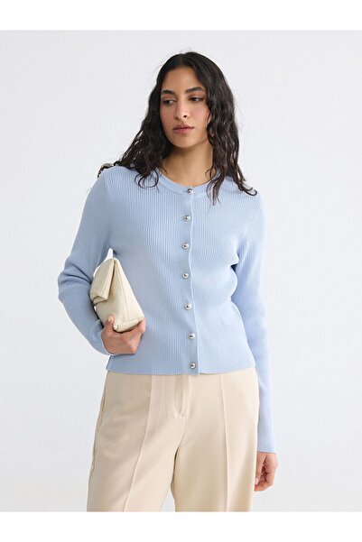LC Waikiki Lcw Modest Blue Crew Neck Women's Knitwear Cardigan