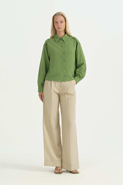 Nihan Wide-Cuff Linen Touch Shirt - Pistachio Green