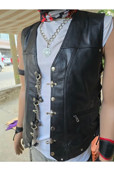 ArdaStilDeri Genuine Leather Biker Chopper Vest with Extension Chain