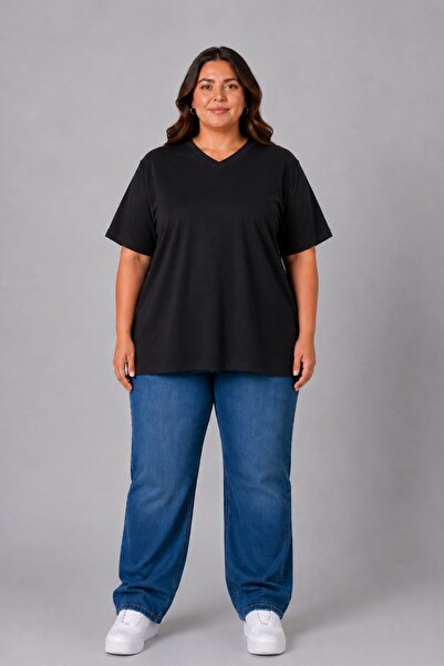 Superlife Süperlife Large Size Women's V-Neck Cotton Basic T-Shirt Navy Blue ...
