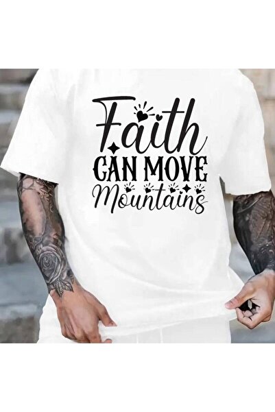 LİNA06 تي شيرت رجالي مطبوع عليه عبارة Faith Moves Mountains، أبيض، برقبة دائر...