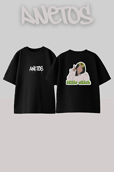 Anetos Billie Eilish_3 dizajn, štampana unisex majica oversize crne boje