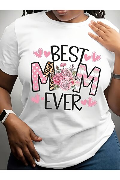 LİNA06 تي شيرت Wo's Best Mom Ever ذو رقبة دائرية باللونين الوردي والأبيض مع ح...