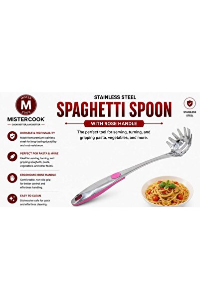 MISTERCOOK Stainless Steel Spaghetti Spoon with Rose Handle – Durable & Ergon...