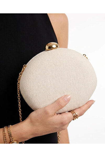 VİNY - Textured Clutch Bag with Chain Strap - Beige