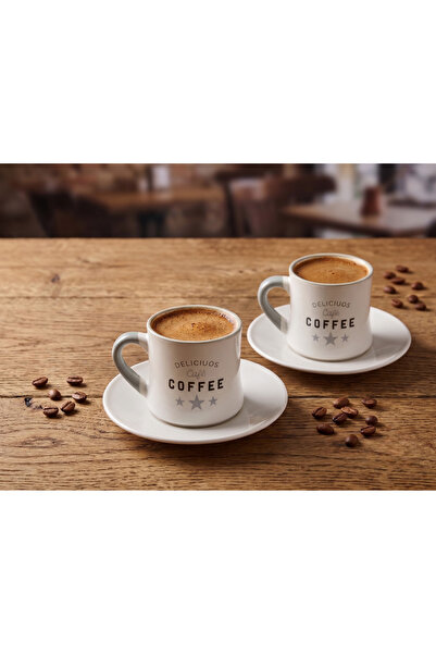 Elista Deliciuos Cafe Designed 2-Piece Turkish Coffee Cup Set - Cream/Grey wi...