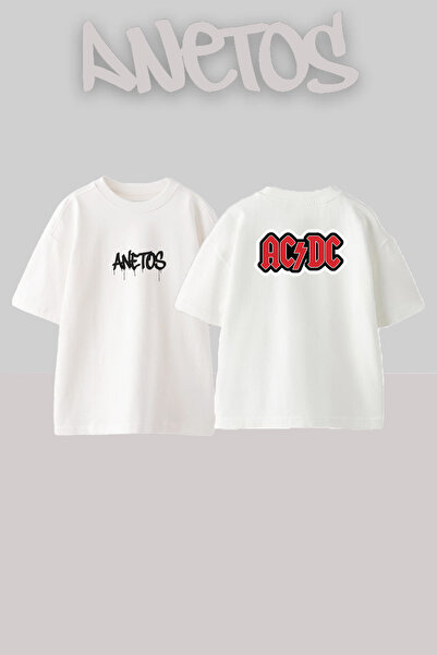 Anetos AC DC dizajn, štampana unisex majica prevelikog kroja, bela