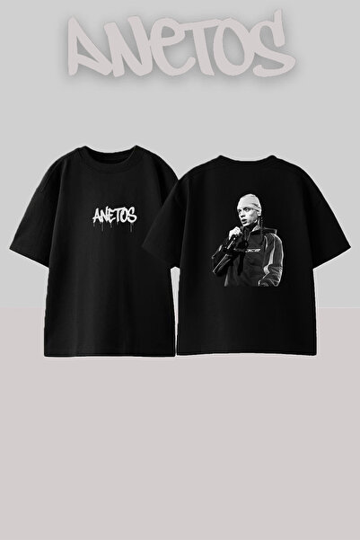 Anetos Μαύρο μπλουζάκι Lucio 101 με στάμπα, unisex, μεγάλου μεγέθους
