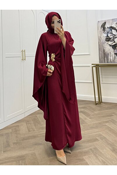 bezenstore YARASA KOL GOLD TOKALI SATEN BORDO ELBİSE