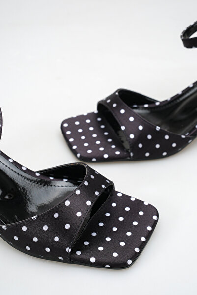 Long Star Women's Thin Heeled Black Sandals Polka Dot Evening Dress Shoes