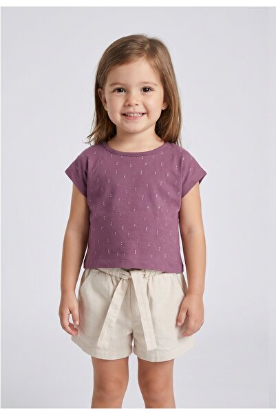 MAVİ BONCUKK Girl's Stone Detailed T-Shirt and Belted Shorts Set