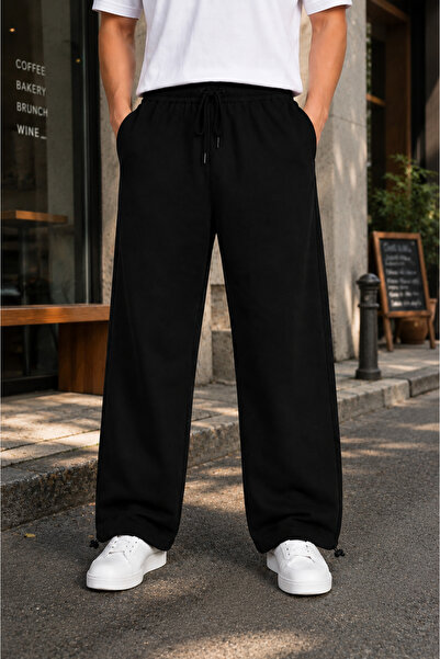 Ailton Erkek Siyah Oversize Eşofman Altı Bol Paça Basic Baggy Günlük Rahat Pantolon
