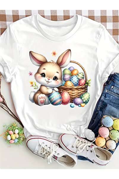 NOURAM Women'S Easter Floral Egg Print T-Shirt - Cute Smiling Bunny Paired wi...