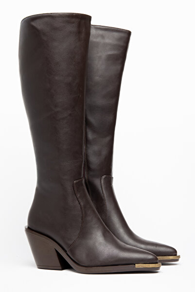 DENORA Bitter Brown Matte Leather Metal Toe Cap Below the Knee Flat Zippered ...